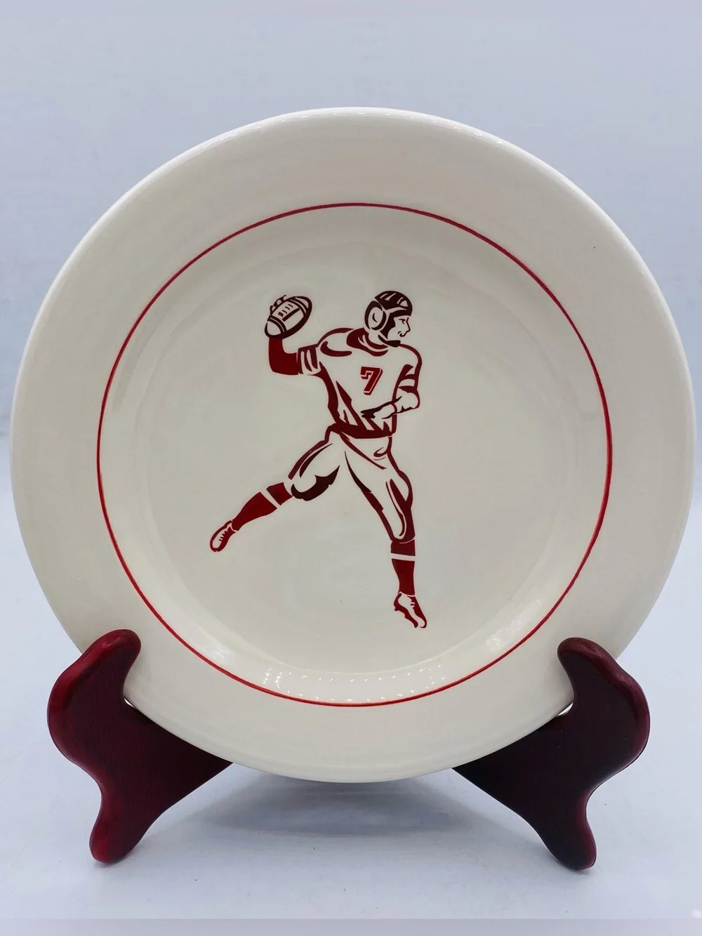 Vintage Williams Sonoma 4 Ceramic Plate  Red Football Player Snack Desert Salad